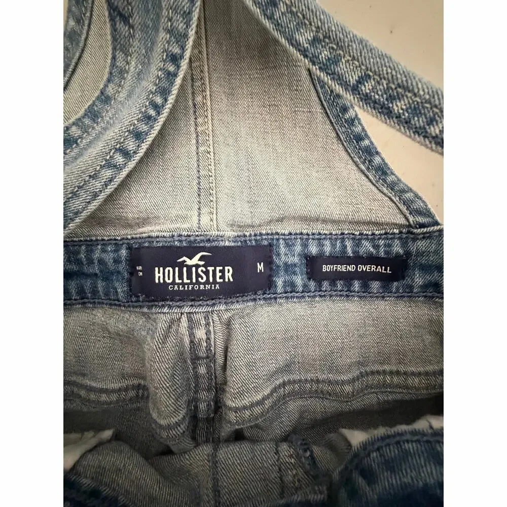 Hollister Boyfriend Denim Overalls Distressed Light Wash Bib Jeans M Coastal